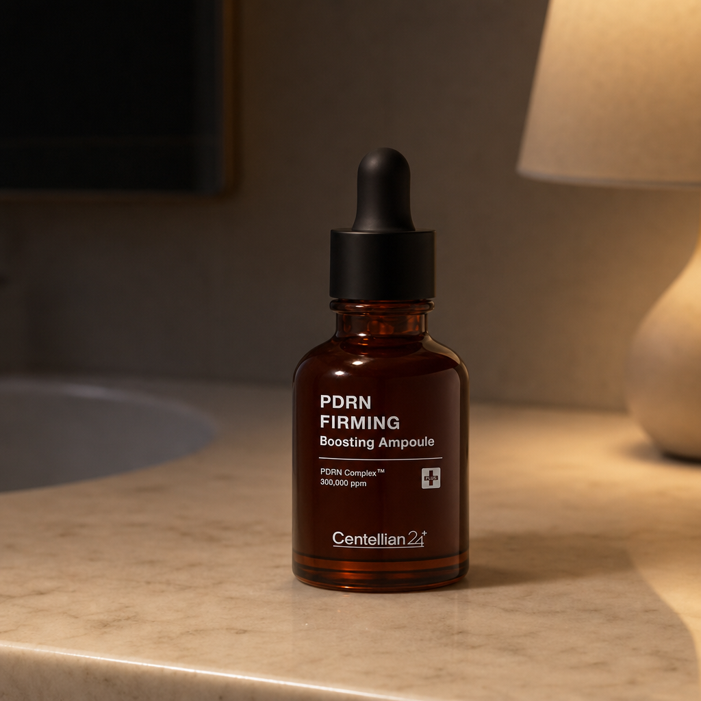 Single Centellian24 Ampoule on bathroom counter at night