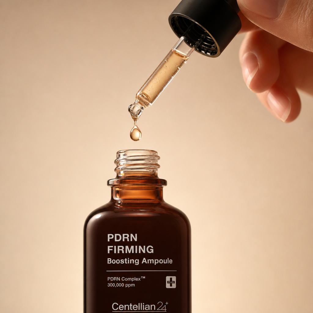 Macro of Centellian24 dropper releasing serum droplet