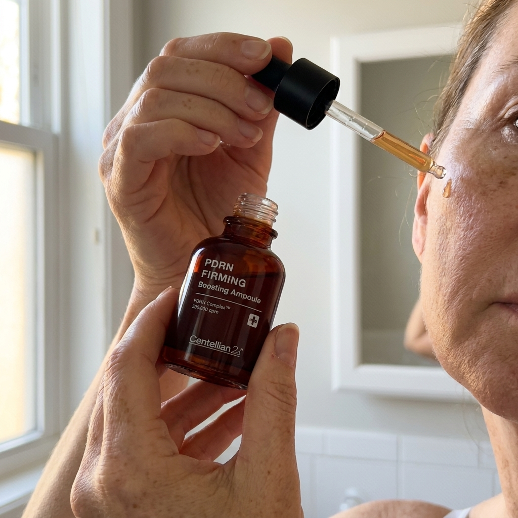 Mature woman applying Centellian24 Ampoule in morning bathroom light
